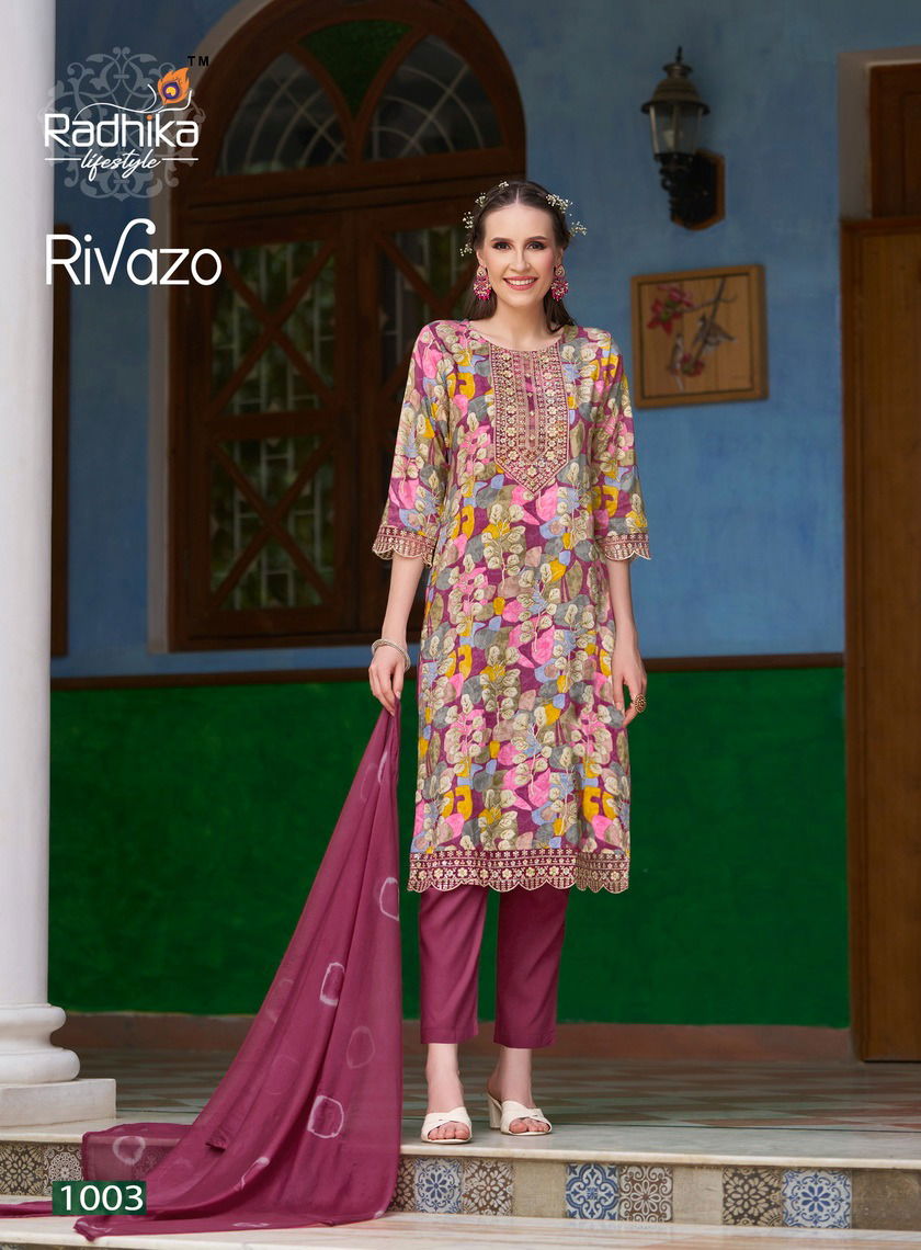 Rivazo Vol 1 By Radhika Rayon Embroidery Kurti With Bottom Dupatta Wholesale Online
